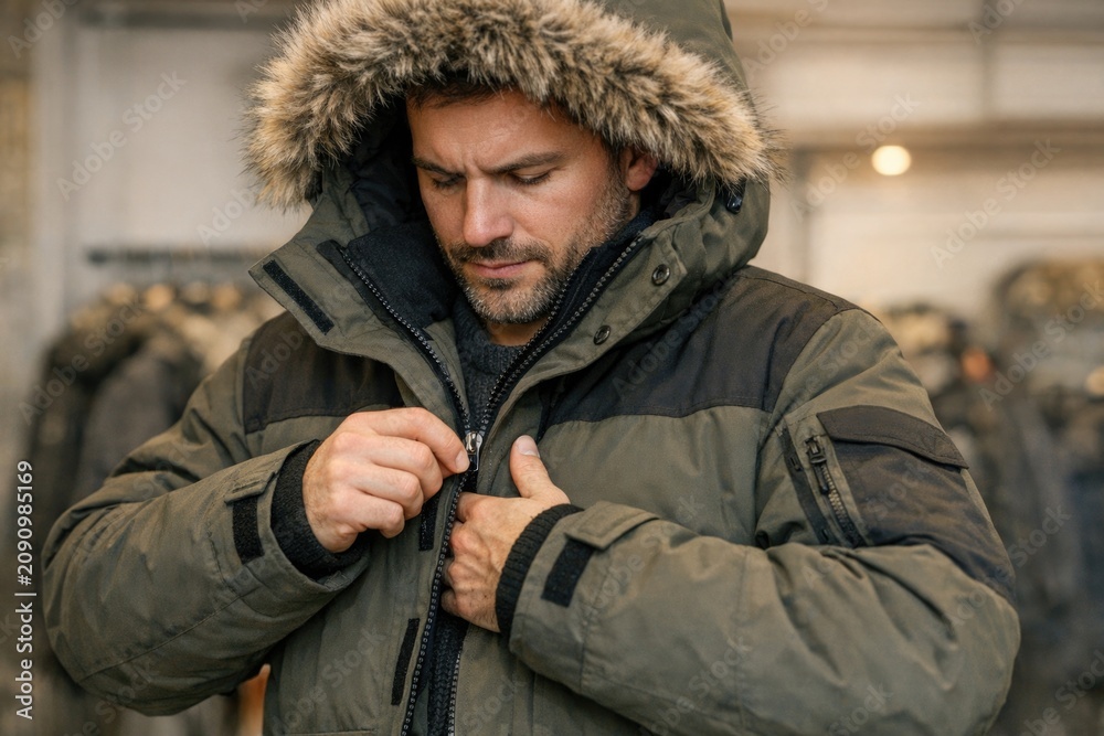 Obraz premium A person wearing a jacket with a hood on, possibly for warmth or protection