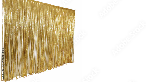 Foto Luxury gold fringe curtain sparkling metallic party decor isolated on transparen