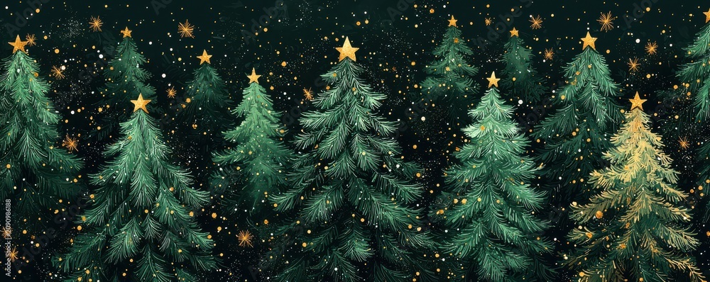Fototapeta premium Festive pattern of green Christmas trees adorned with golden stars and sparkling lights, creating a magical holiday atmosphere