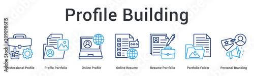Profile building banner web icon creates professional portfolio and online profile for effective personal branding.