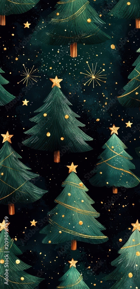 Fototapeta premium Seamless pattern of green Christmas trees with gold stars creating a festive holiday design