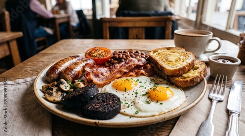 Traditional Full English Breakfast Plate With Fried Eggs Bacon Sausages Black Pudding And Toast On Wooden Cafe Table