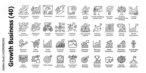Business growth concepts collection icons set. Illustrating expansion success and strategic development