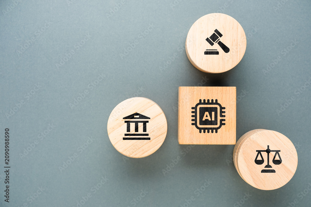 Naklejka premium Artificial intelligence governance concept with legal, regulatory and ethical framework represented by wooden blocks