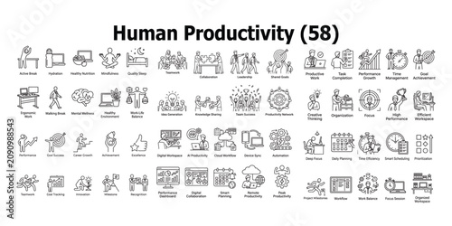 Human productivity concept illustration with icons teamwork wellness and efficient workflow