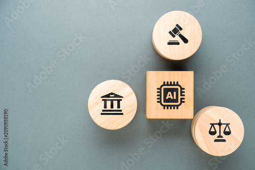 Artificial intelligence governance concept with legal, regulatory and ethical framework represented by wooden blocks