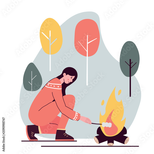 Flat vector illustration set of women roasting marshmallows over a campfire during a cozy outdoor camping trip in winter or autumn.