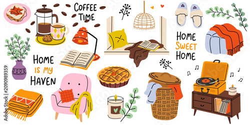 A vector set of cozy elements for home interior design.Vinyl record player,armchair with pillow and blanket,candles,cozy ottoman with blanket,house slippers,reading a book by the window,laundry basket