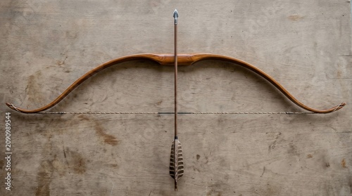 Traditional wooden bow and arrow on rustic wooden background
