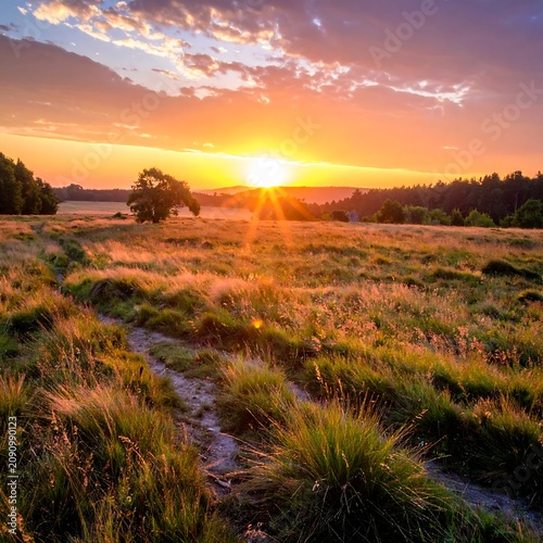 A vibrant, warm-toned landscape features a field of tall grass with a winding dirt path, illuminated by a brilliant sunset