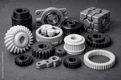 3D printed mechanical gears and components in grayscale layout concept. Ai generative
