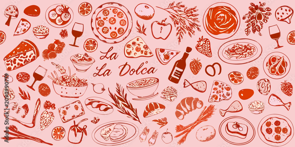 Fototapeta premium Italian Food Illustration With Pasta Pizza And Citrus Fruits