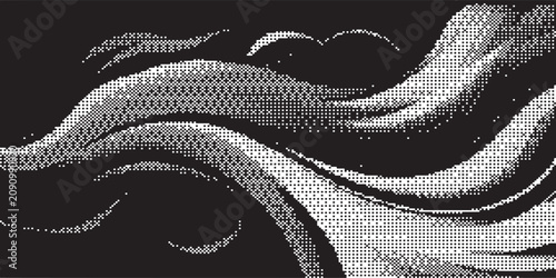 Abstract flowing lines and waves in a monochrome halftone pattern.