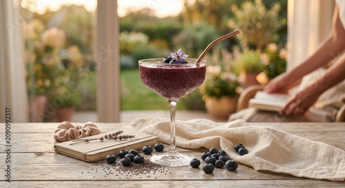 Blueberry smoothie served in an elegant glass with fresh berries on a wooden table. Soft natural light and blurred garden background create a calm lifestyle atmosphere.