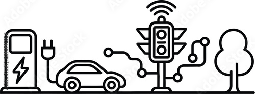 Tableau sur toile Smart city traffic control system vector illustration featuring electric car charging station connected with intelligent traffic light line icon banner