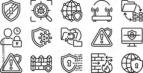 Konstfotografi Cyber Security and Network Data Protection Line Icon Set Featuring Antivirus Shi