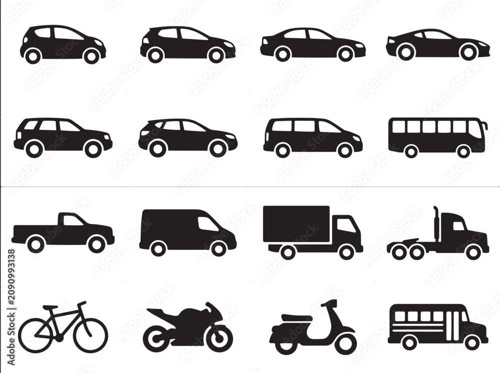 Fototapeta premium Black car icons and vehicle silhouette set, 16 transport vector symbols for logistics and traffic, minimalist automotive side view collection