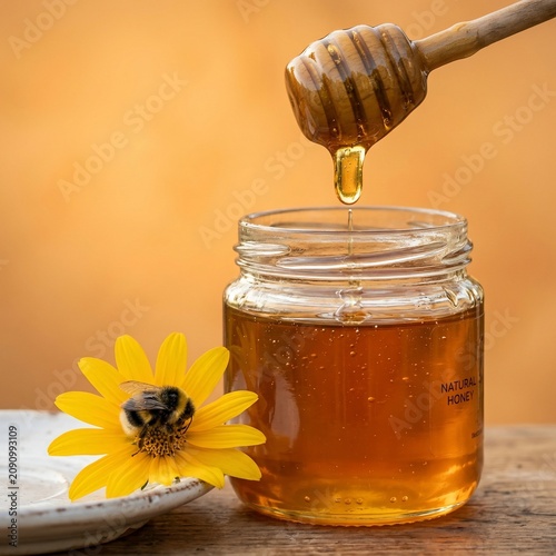 Natural honey dripping from dipper into glass jar with bee and flower