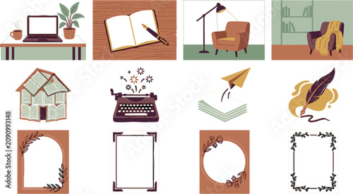 Tableau sur toile Cozy writer workspace vector icon set with vintage typewriter books and literar
