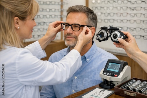 A person studying or inspecting a pair of glasses