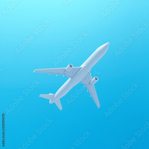3D white airplane flying isolated on vibrant blue background