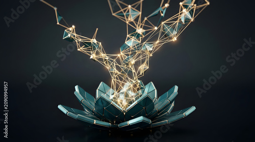 Abstract 3D concept of upward growing geometric network emerging from lotus shape, Indian innovation startup growth concept
