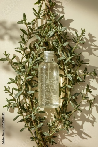 A transparent glass bottle with a light cosmetic or perfume lying on sprigs of rosemary on a light beige background.