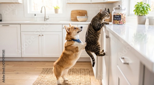 teamwork between a dog and a cat trying to reach a treat jar.