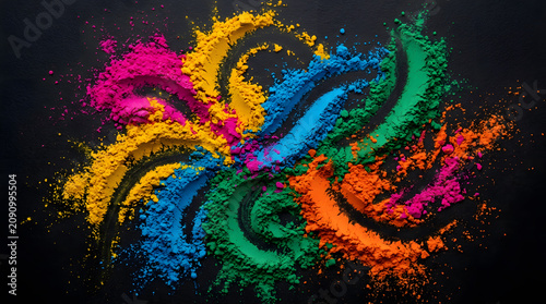 Overhead flat lay of vibrant Holi festival color powder in abstract arrangement on dark surface, Indian festival celebration concept