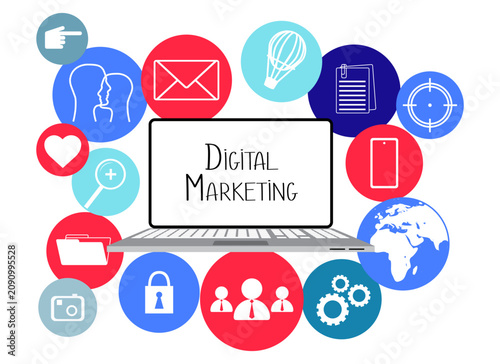 Digital Marketing Dashboard Hub with Communication Icons Set - vector illustration