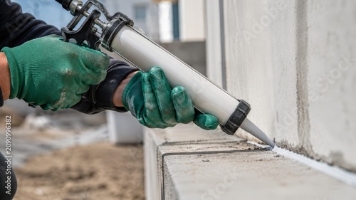 Sealant application on concrete surface, waterproofing construction elements, preventing moisture infiltration, enhancing structural durability, professional building maintenance