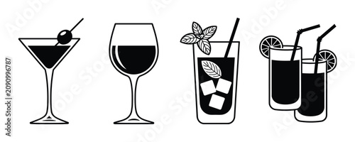 Fotografie Cocktail Assortment: A collection of various stylized drinks in elegant glasses, including a martini, wine, and cocktails with garnishes, presented in a clean graphic style