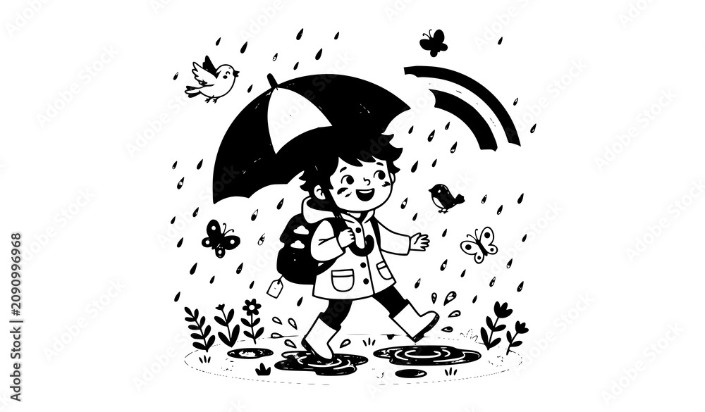 Fototapeta premium Cute Cartoon Child Walking in Rain with Umbrella and Raincoat Vector Illustration