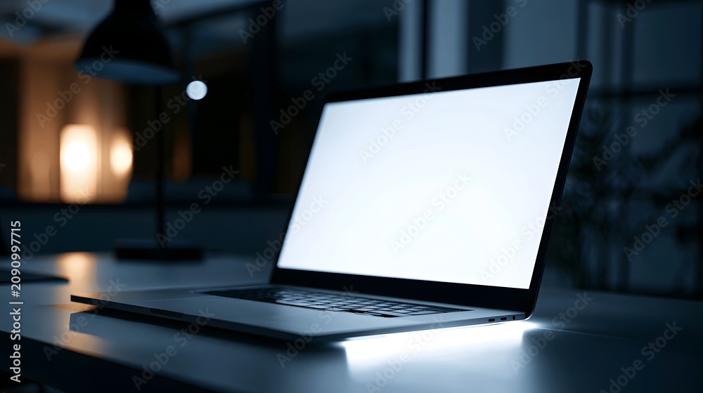 Fototapeta premium A sleek laptop with bright white screen sits on a modern desk under ambient night lighting and blurred background lights