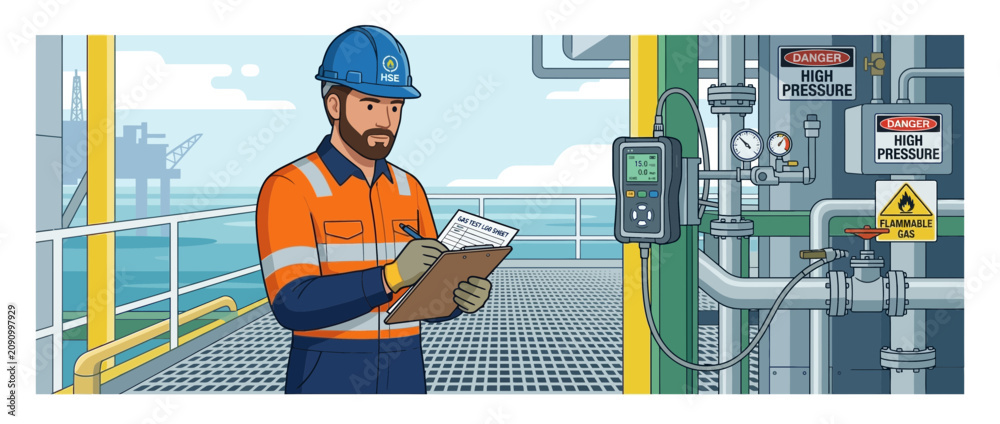 Fototapeta premium Industrial worker in hard hat checks clipboard near offshore oil rig and high pressure equipment