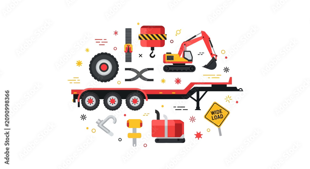 Fototapeta premium Construction Machinery and Heavy Equipment Flat Vector Illustration Set with Excavator, Trailer, and Industrial Tools