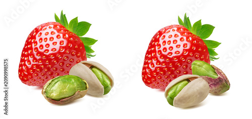 Strawberry and pistachio nuts isolated on white background. Real photography.