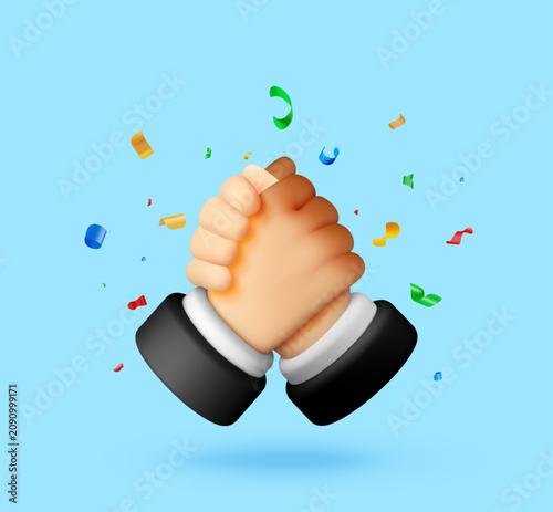 Two cartoon hands shaking in a firm grip with colorful confetti. Business partnership concept. Successful deal and achievement celebration. 3d vector illustration of unity and teamwork.