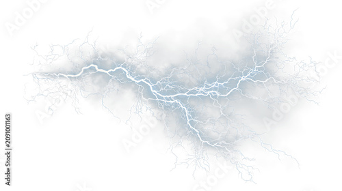 Fotografía Blue and white lightning bolt isolated on transparent background with clouds and