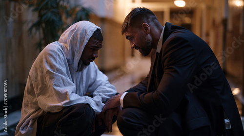 Juvenile defense attorney kneeling to speak privately with anxious teenage client in courthouse hallway before delinquency hearing, whispered legal counsel, youth advocacy, minor representation, juv
