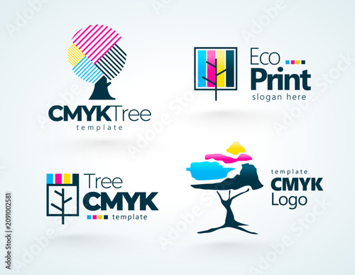 Set logos Printing theme.  Abstract Tree Cmyk Colors. Template design vector. White background