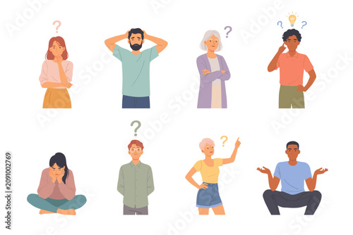 Quadro su tela Confused People Cartoon Illustration Set | Diverse Characters with Question Mark