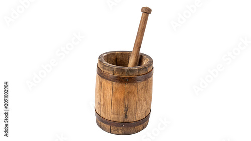 Foto Traditional wooden butter churn rustic vintage dairy farming tool isolated on tr