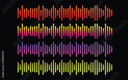 Four colorful sound wave on black background audio music equalizer