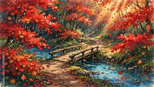 Anime style illustration of a rustic wooden bridge crossing a tranquil blue stream in a vibrant autumn forest, beautiful red maple trees shedding leaves in warm golden sunlight, peaceful