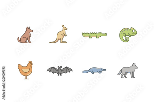 Sticker Cute Animal Wildlife Icons Set | Colorful Dinosaur, Kangaroo, Crocodile and Fant