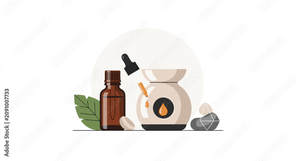 Fototapeta premium Aromatherapy and wellness supplies featuring a brown glass essential oil bottle a dropper and a ceramic wax warmer burner.