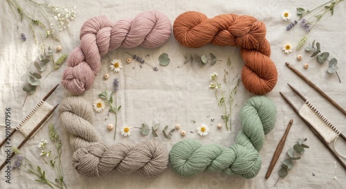 Soft natural yarn skeins in pastel and earthy tones arranged with wooden knitting needles, eucalyptus leaves and wildflowers on linen background. Cozy handmade craft concept.