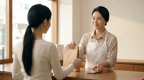 카페에서 모바일 결제하는 손님과 직원 / Customer Making Mobile Payment at Cafe