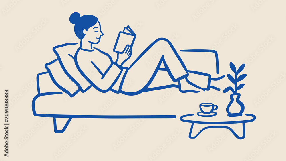 Obraz premium Minimalist blue and beige illustration of person reclining on sofa reading book with coffee table plant and cup creating cozy relaxed atmosphere